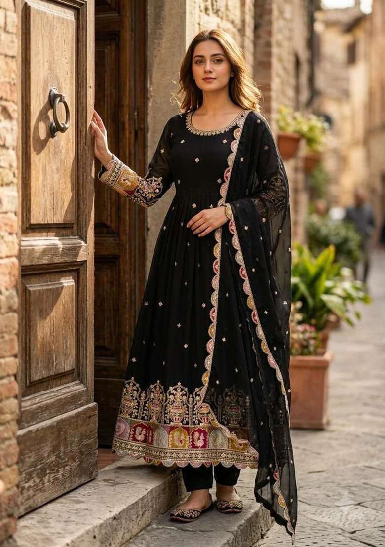 Black Embroidery Georgette Anarkali Gown Set - Indya