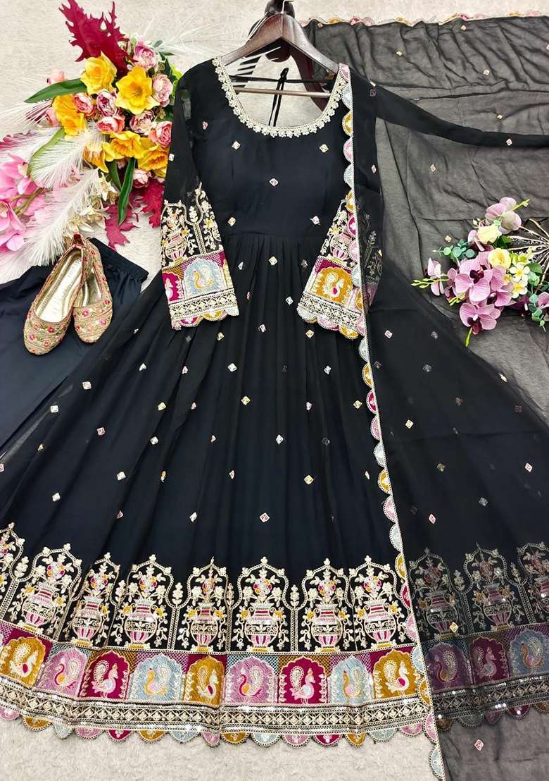 Black Embroidery Georgette Anarkali Gown Set - Indya