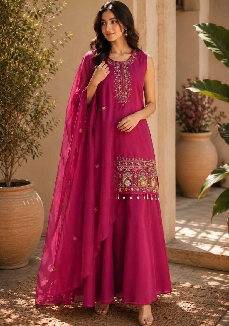 Pink Embroidery Chinon Salwar Suit Set - Indya