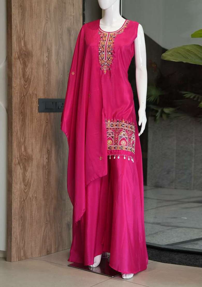 Pink Embroidery Chinon Salwar Suit Set - Indya