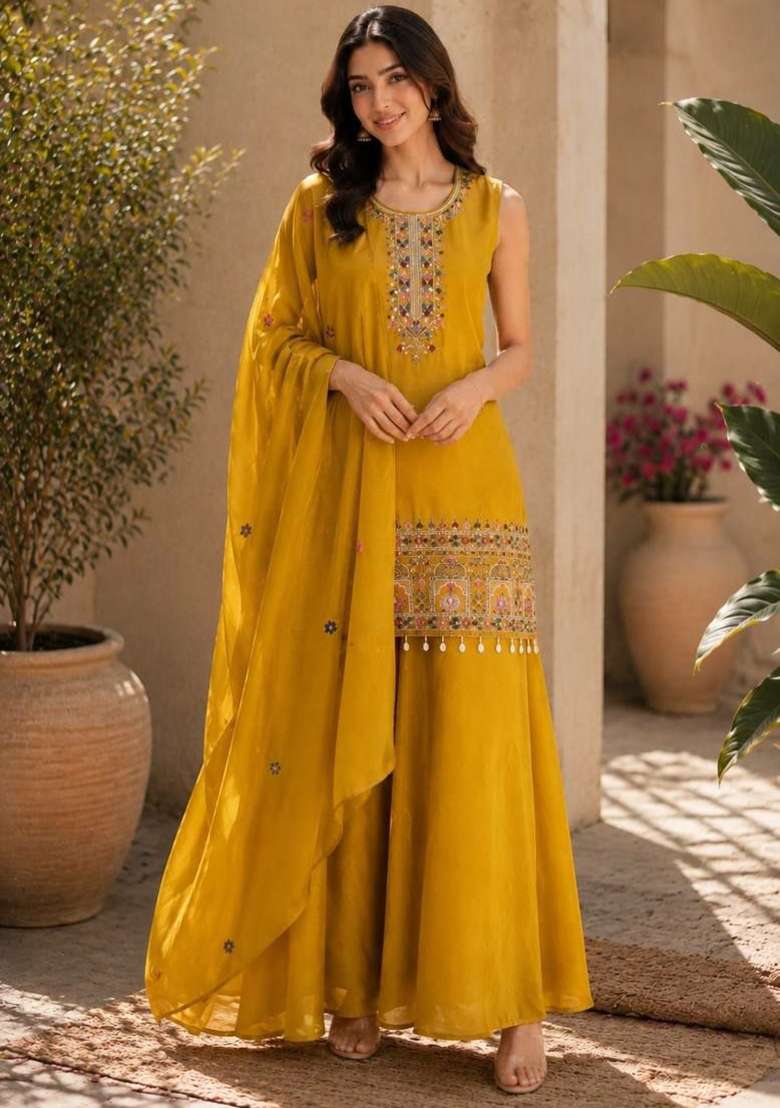 Yellow Embroidery Chinon Salwar Suit Set - Indya