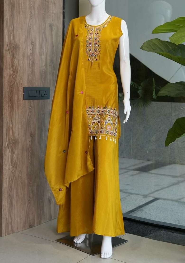 Yellow Embroidery Chinon Salwar Suit Set - Indya