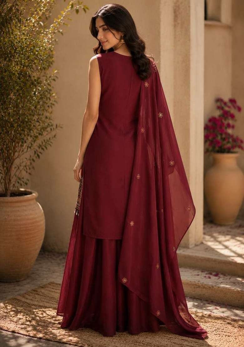 Maroon Embroidery Chinon Salwar Suit Set - Indya