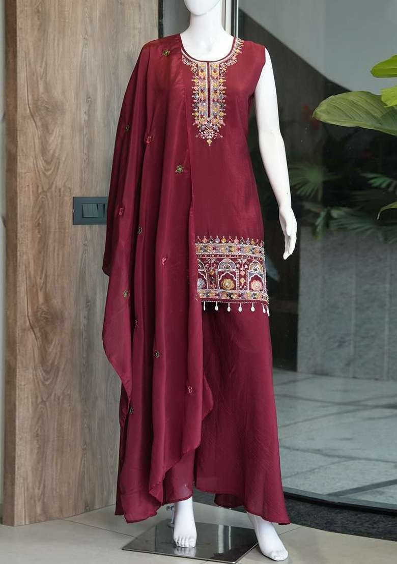 Maroon Embroidery Chinon Salwar Suit Set - Indya