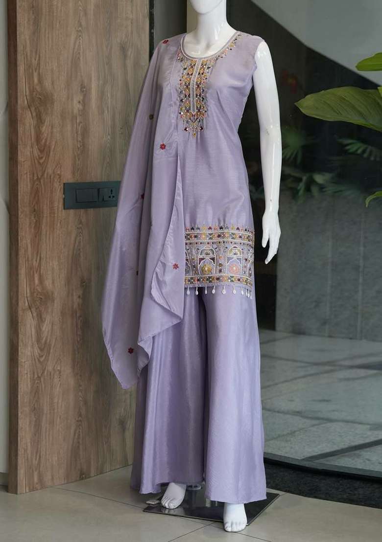 Purple Embroidery Chinon Salwar Suit Set - Indya
