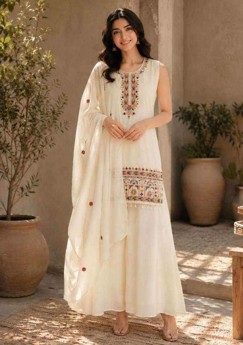 White Embroidery Chinon Salwar Suit Set - Indya