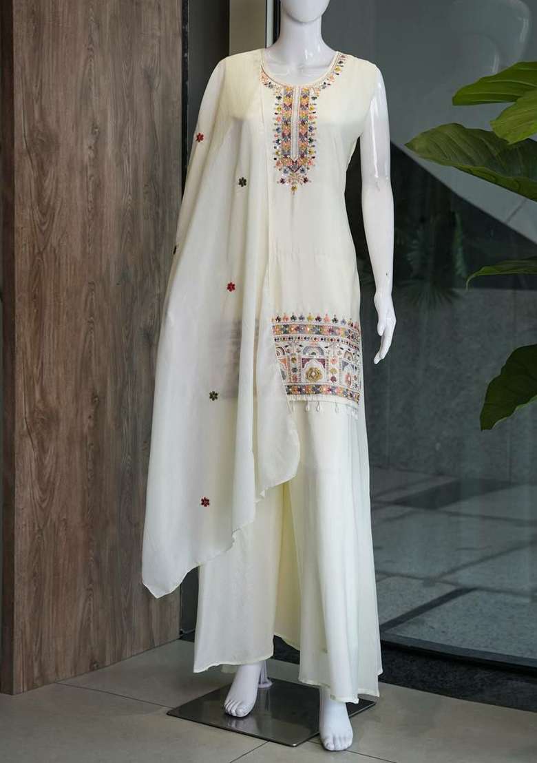 White Embroidery Chinon Salwar Suit Set - Indya