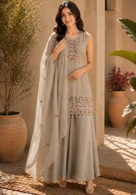 Beige Embroidery Chinon Salwar Suit Set