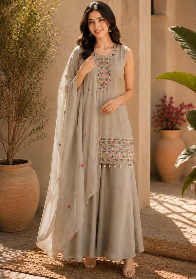 Beige Embroidery Chinon Salwar Suit Set - Indya