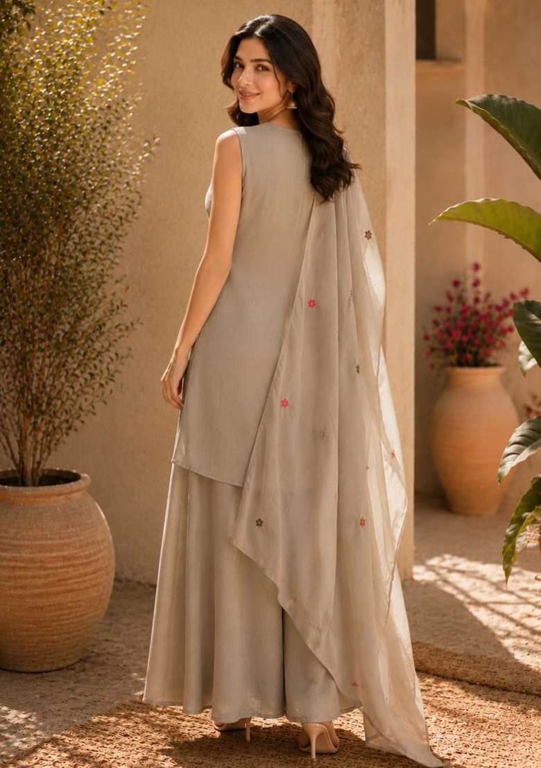 Beige Embroidery Chinon Salwar Suit Set - Indya