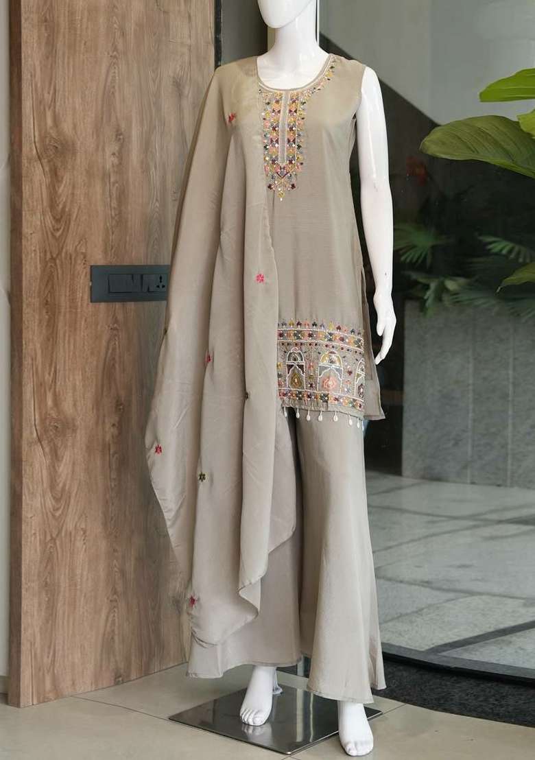Beige Embroidery Chinon Salwar Suit Set - Indya