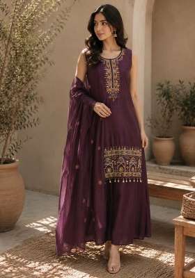 Deep Purple Embroidery Chinon Salwar Suit Set
