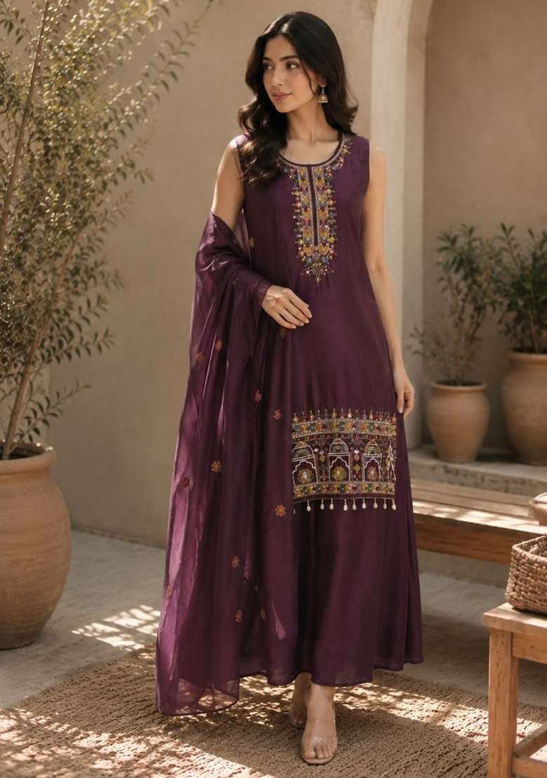 Deep Purple Embroidery Chinon Salwar Suit Set - Indya