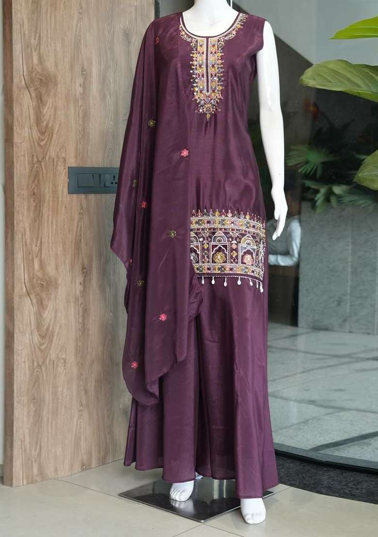 Deep Purple Embroidery Chinon Salwar Suit Set - Indya
