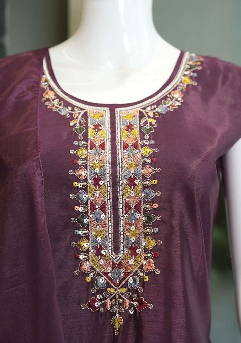 Deep Purple Embroidery Chinon Salwar Suit Set - Indya