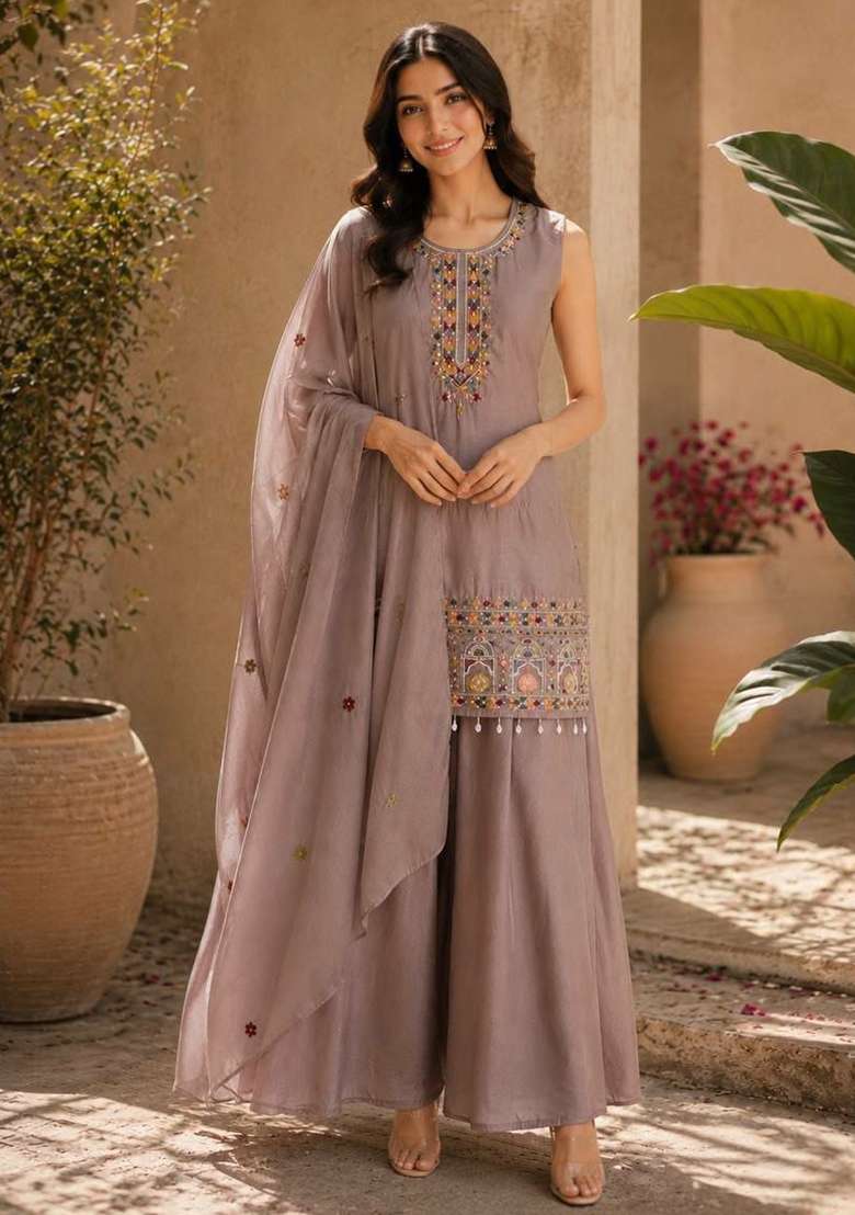 Light Brown Embroidery Chinon Salwar Suit Set - Indya