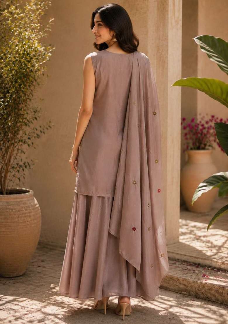 Light Brown Embroidery Chinon Salwar Suit Set - Indya