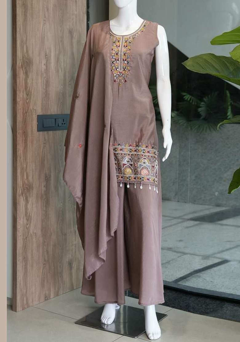 Light Brown Embroidery Chinon Salwar Suit Set - Indya