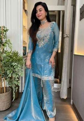 Blue Embroidery Silk Salwar Suit Set