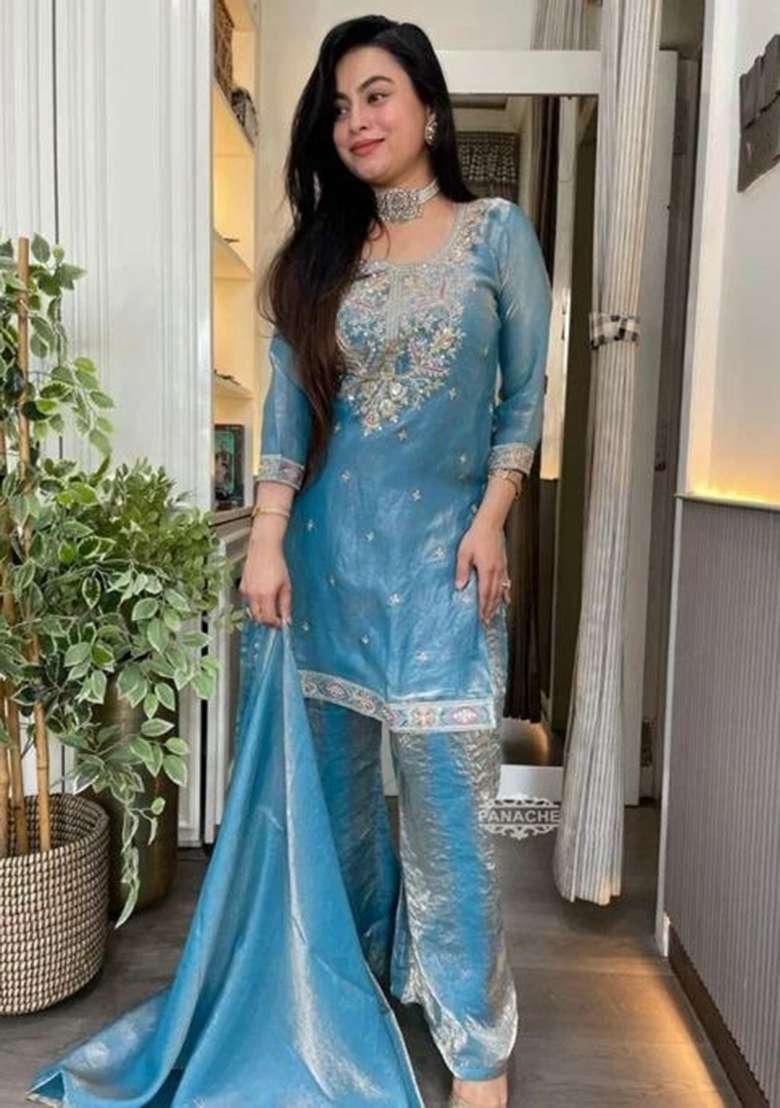 Blue Embroidery Silk Salwar Suit Set - Indya