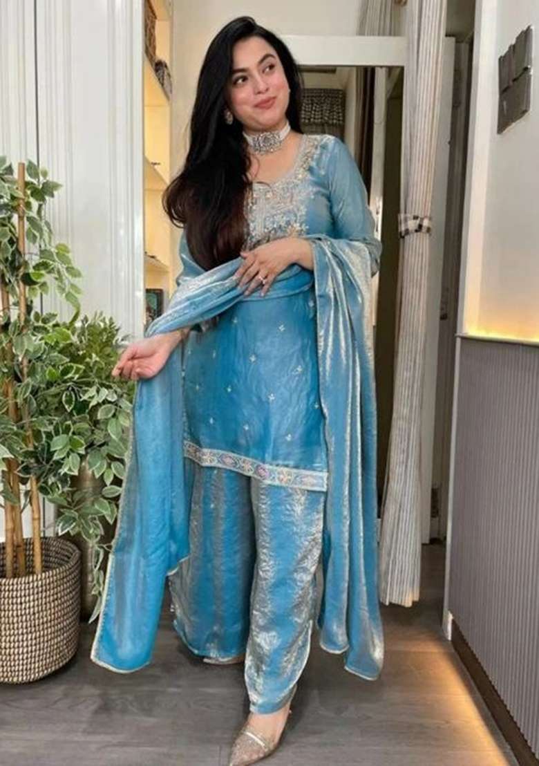 Blue Embroidery Silk Salwar Suit Set - Indya