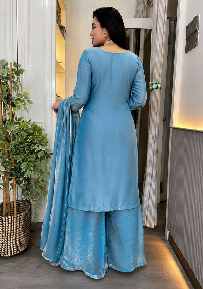 Blue Embroidery Silk Salwar Suit Set - Indya