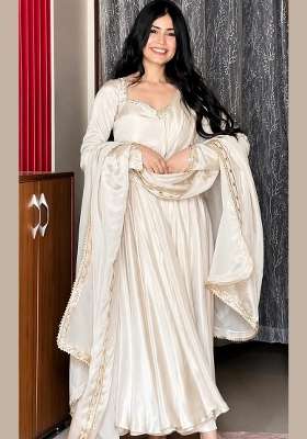 White Embroidery Silk Anarkali Gown Set
