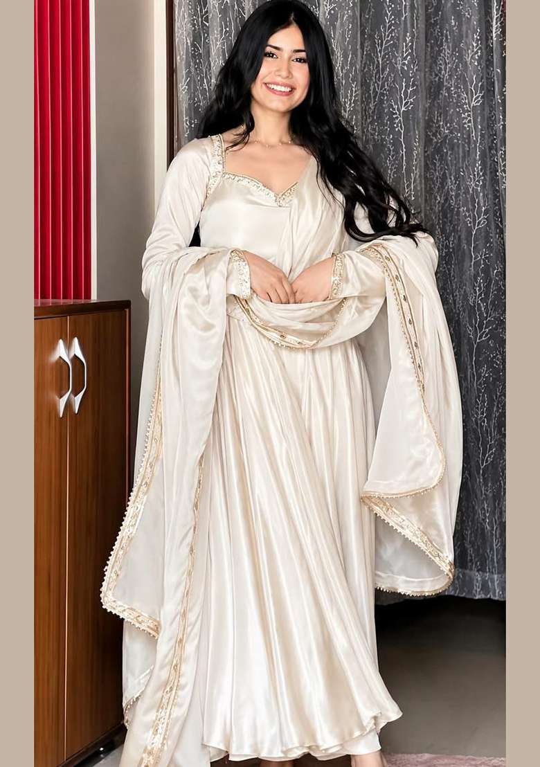 White Embroidery Silk Anarkali Gown Set - Indya