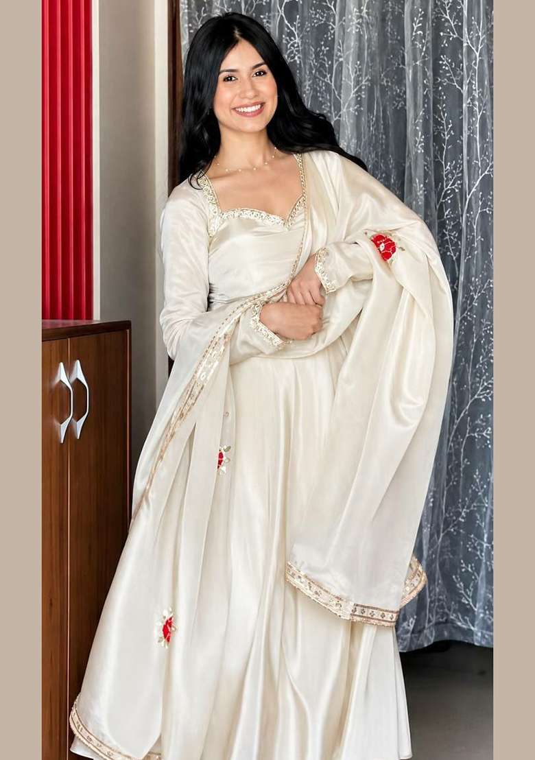 White Embroidery Silk Anarkali Gown Set - Indya