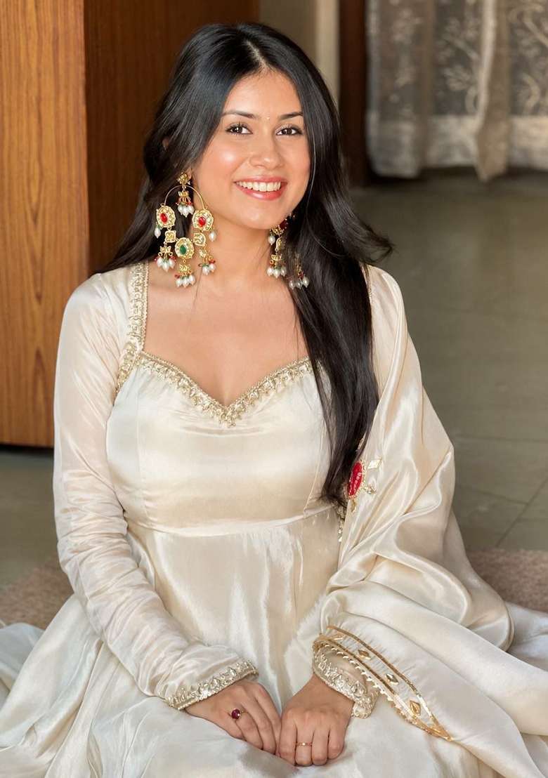 White Embroidery Silk Anarkali Gown Set - Indya