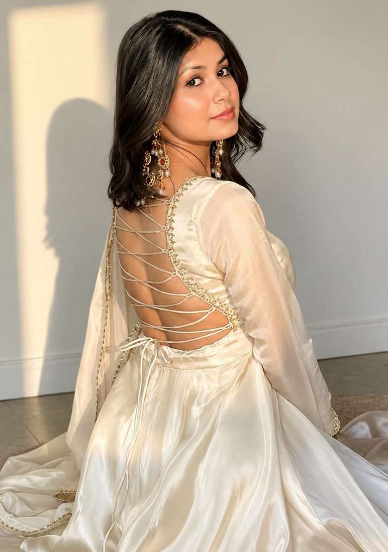 White Embroidery Silk Anarkali Gown Set - Indya