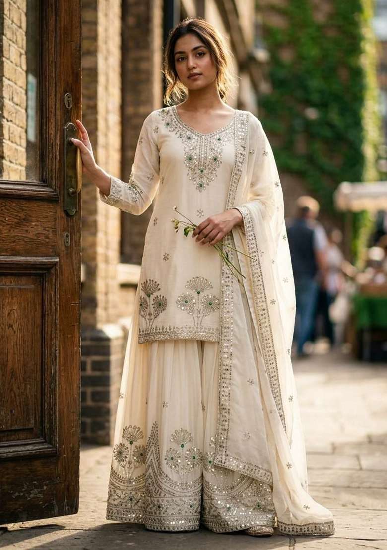 White Embroidery Silk Salwar Suit Set - Indya