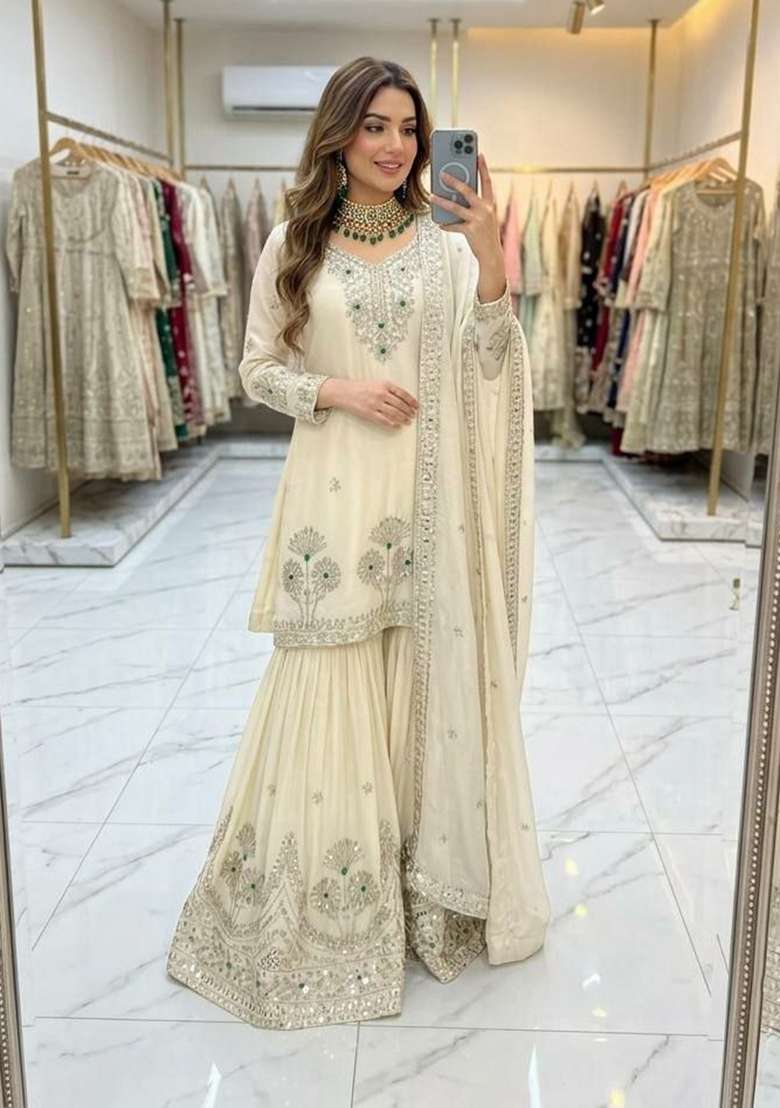 White Embroidery Silk Salwar Suit Set - Indya