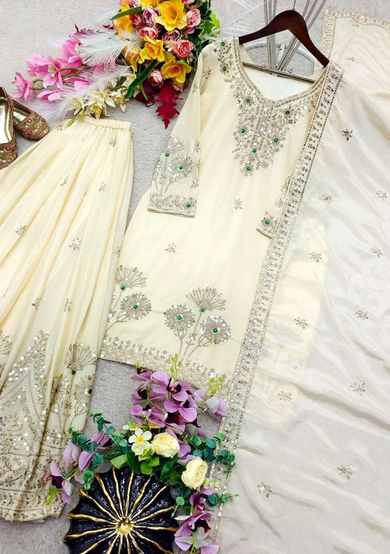 White Embroidery Silk Salwar Suit Set - Indya