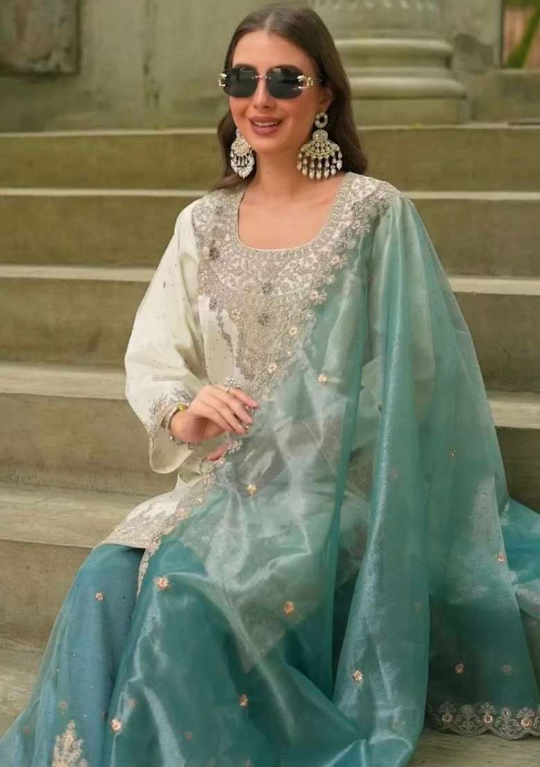 Blue Embroidery Silk Salwar Suit Set - Indya
