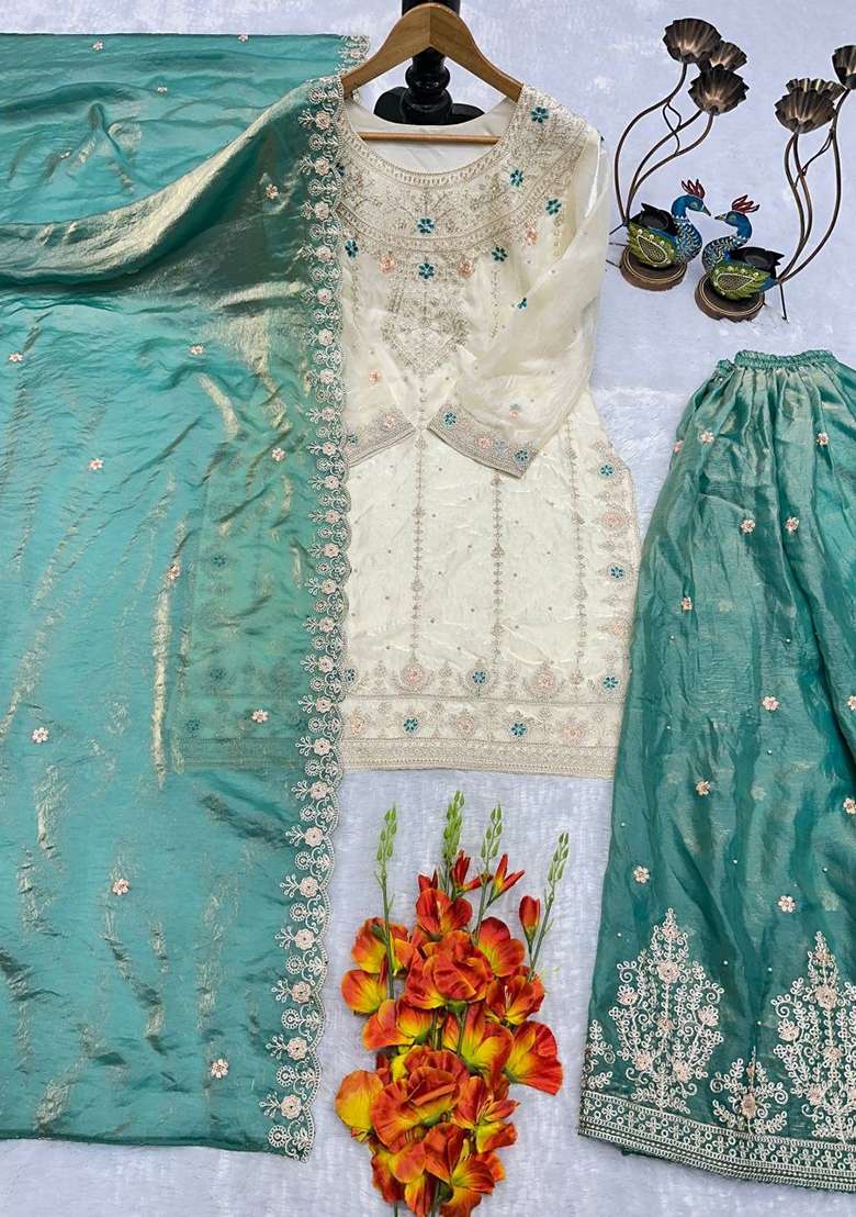 Blue Embroidery Silk Salwar Suit Set - Indya