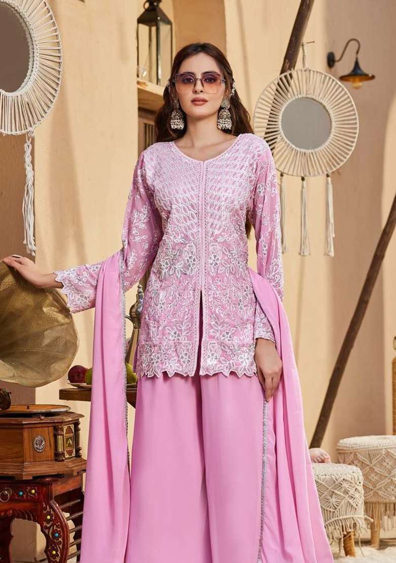 Pink Embroidery Georgette Salwar Suit Set - Indya