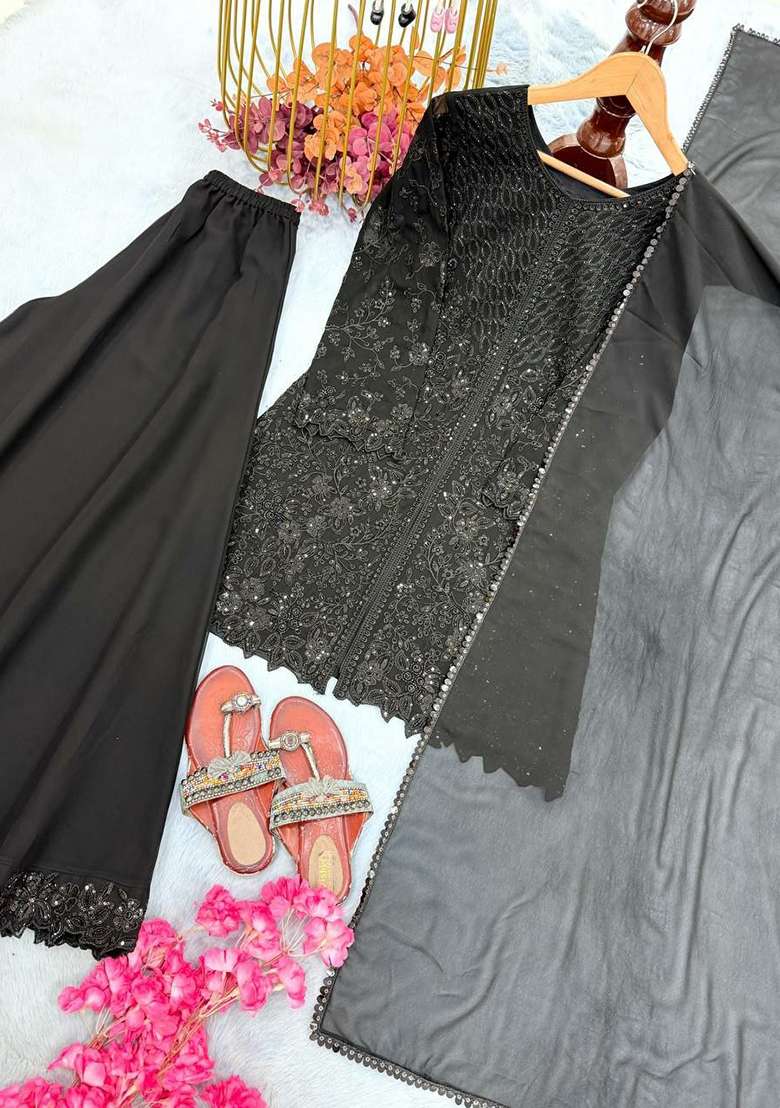 Black Embroidery Georgette Salwar Suit Set - Indya