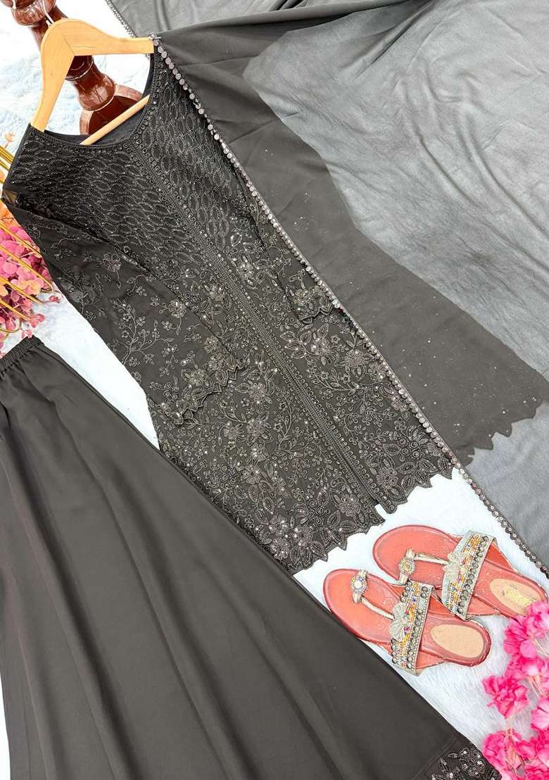 Black Embroidery Georgette Salwar Suit Set - Indya