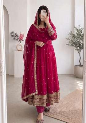 Red Embroidery Silk Anarkali Gown Set
