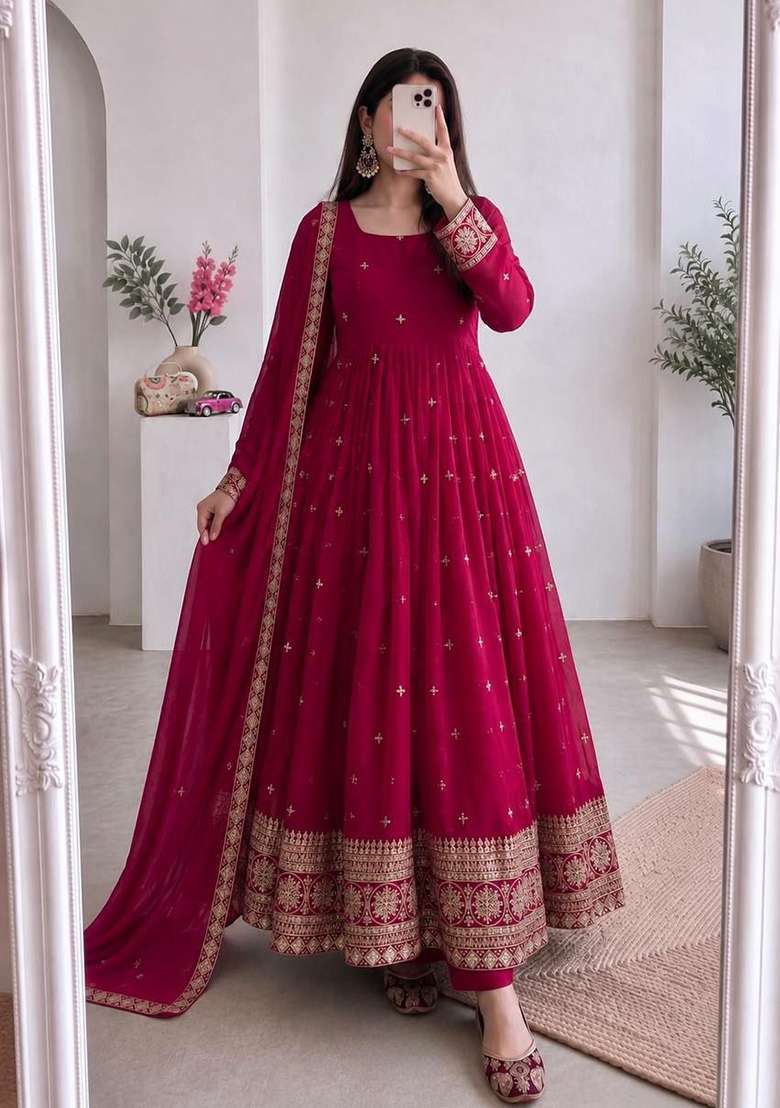 Red Embroidery Silk Anarkali Gown Set - Indya