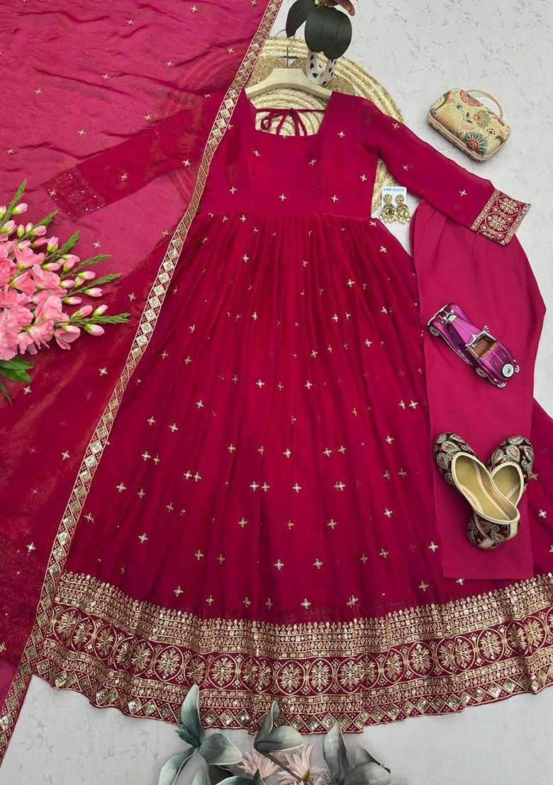 Red Embroidery Silk Anarkali Gown Set - Indya