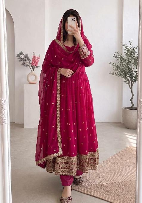 Red Embroidery Silk Anarkali Gown Set