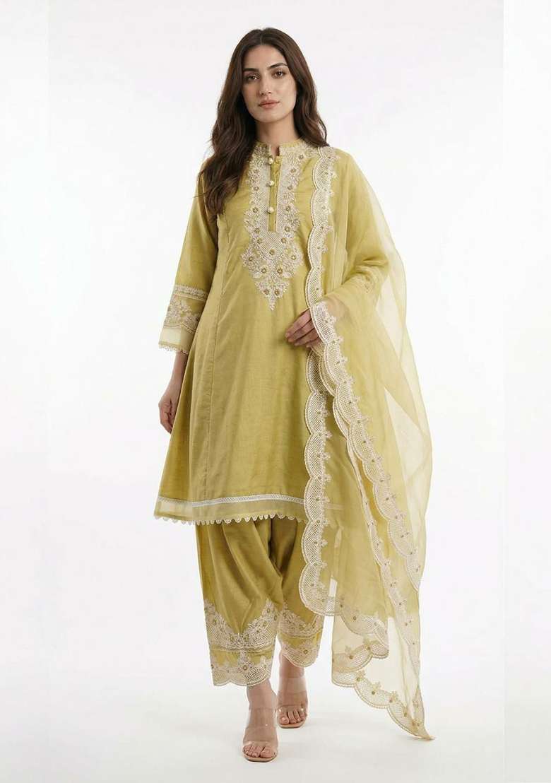 Yellow Embroidery Roman Salwar Suit Set - Indya