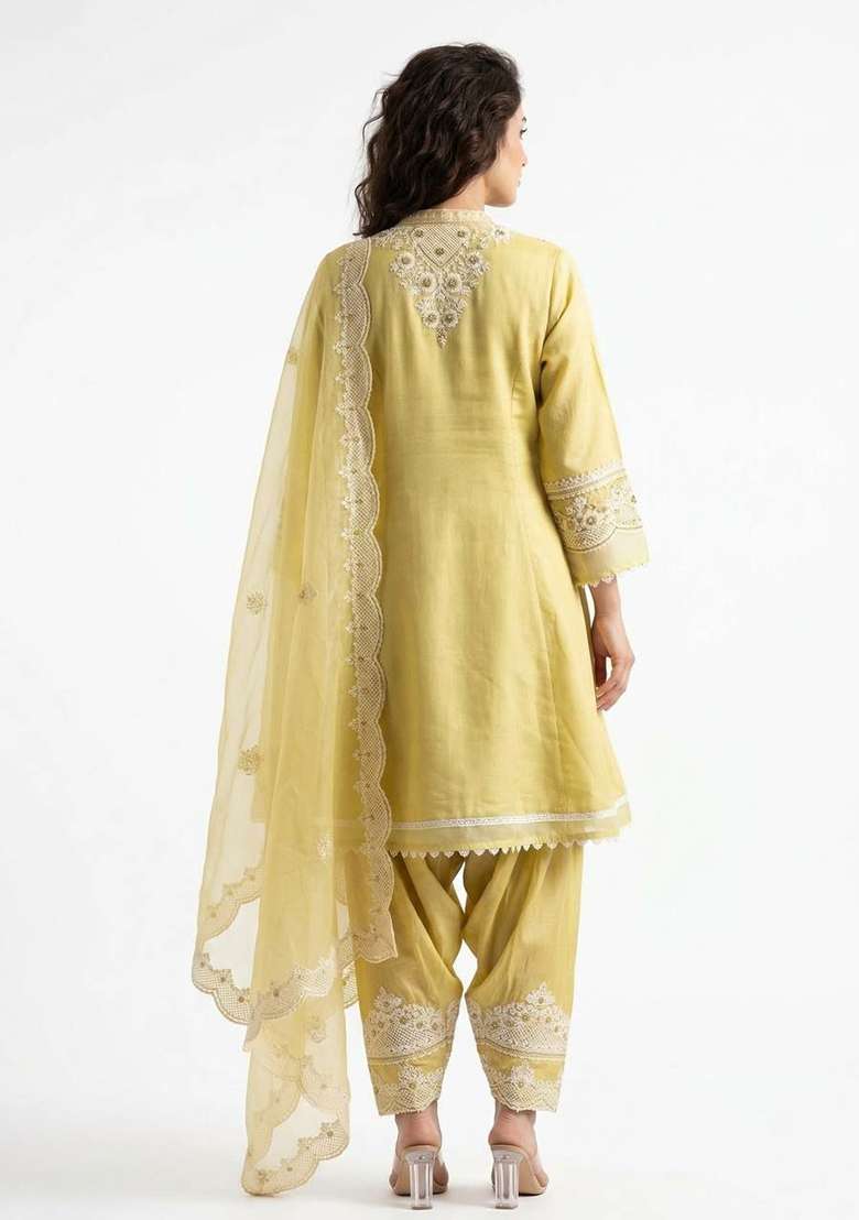 Yellow Embroidery Roman Salwar Suit Set - Indya