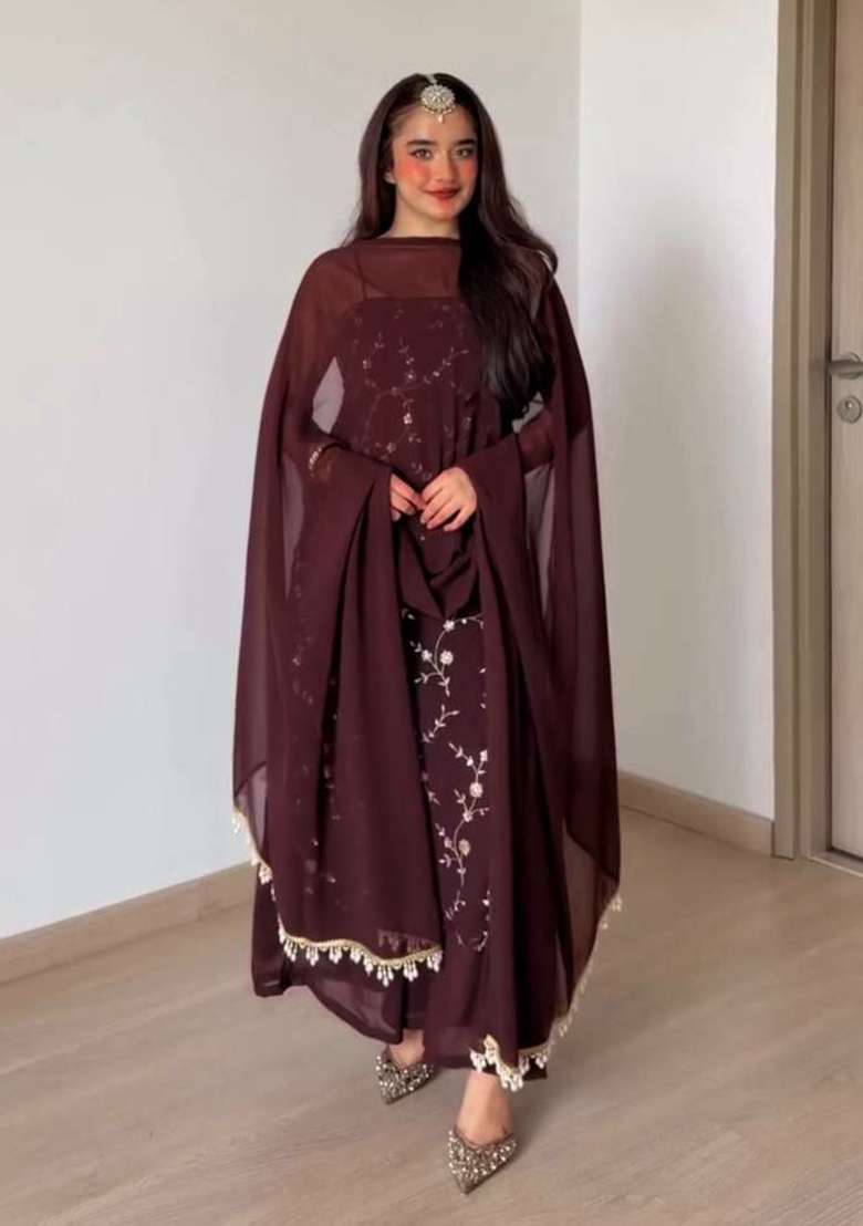 Maroon Thread Work Georgette Salwar Suit Set - Indya
