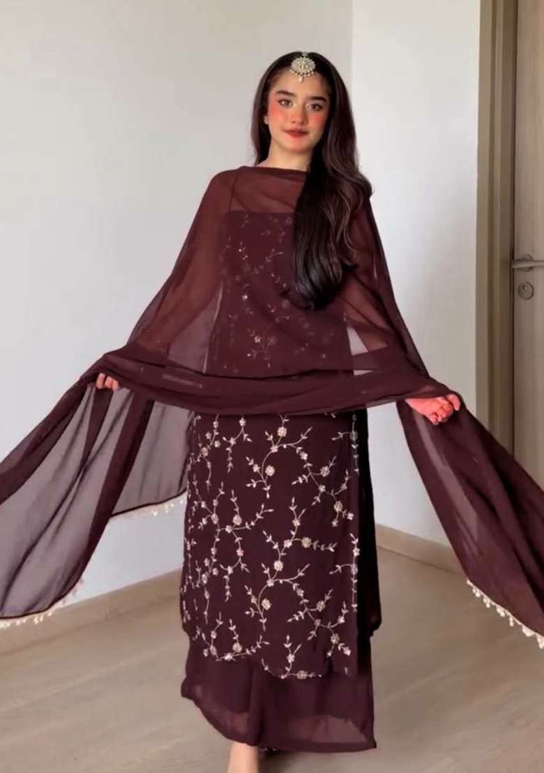 Maroon Thread Work Georgette Salwar Suit Set - Indya
