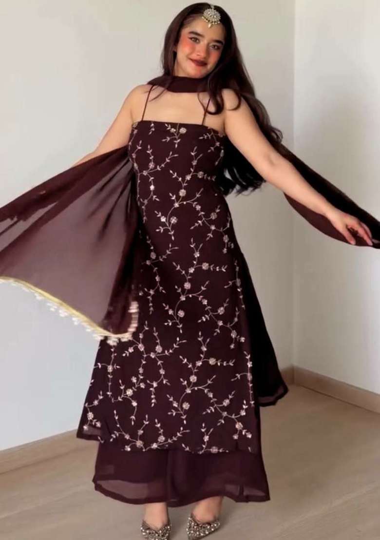 Maroon Thread Work Georgette Salwar Suit Set - Indya
