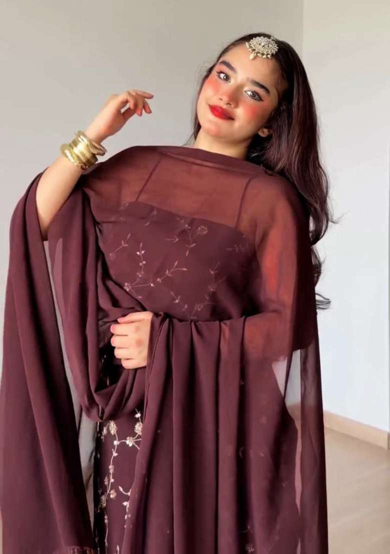 Maroon Thread Work Georgette Salwar Suit Set - Indya