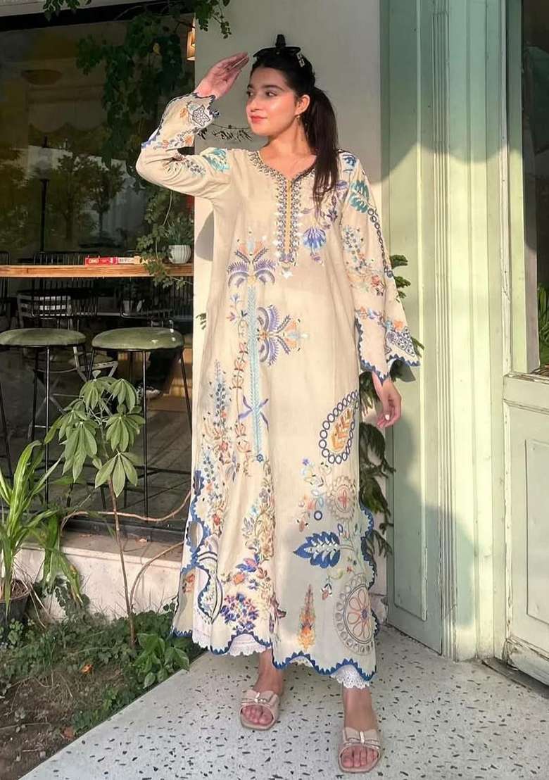 White Embroidery Silk Salwar Suit Set - Indya